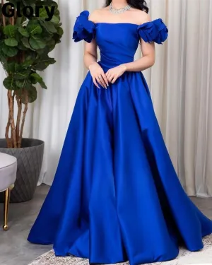 JazzHer Pretty A Line Off The Shoulder Royal Blue Satin Long Prom Dress Evening Dresses (PRE-ORDER)