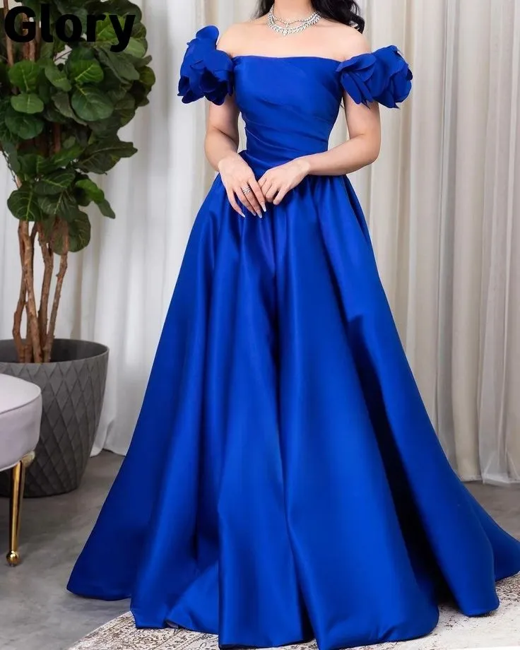 JazzHer Pretty A Line Off The Shoulder Royal Blue Satin Long Prom Dress Evening Dresses (PRE-ORDER)
