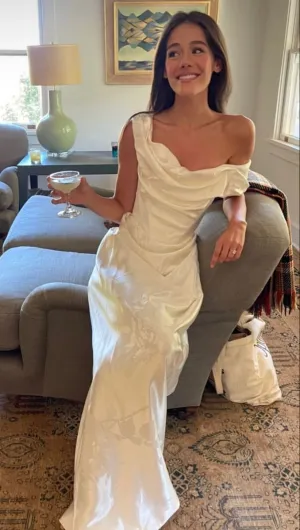 JazzHer Pretty Sheath Off The Shoulder White Satin Long Prom Dresses Party Evening Dress (PRE-ORDER)