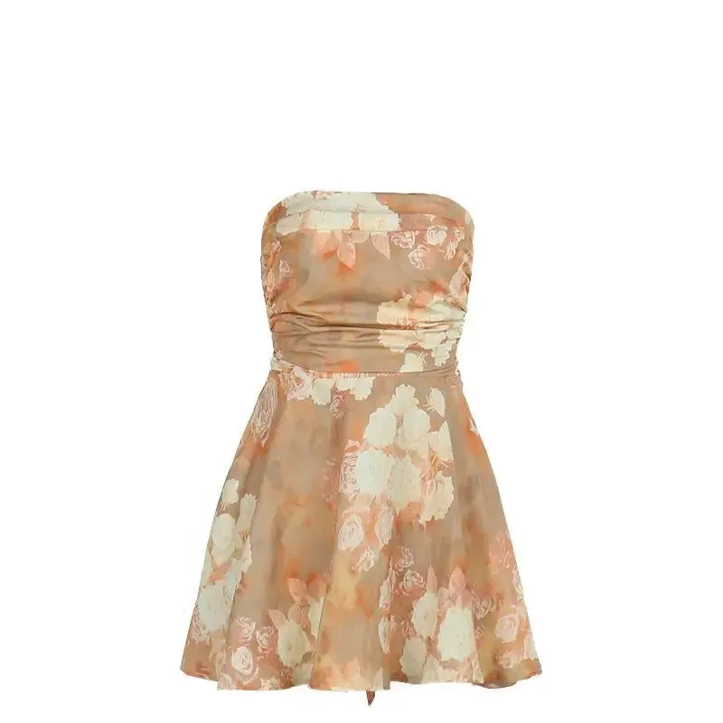 JazzHer Retro Print Mini Women's Dresses New Summer Off Shoulder A-line Short Vestido Fashion Woman Clothing Back Bow Gowns Party Robes