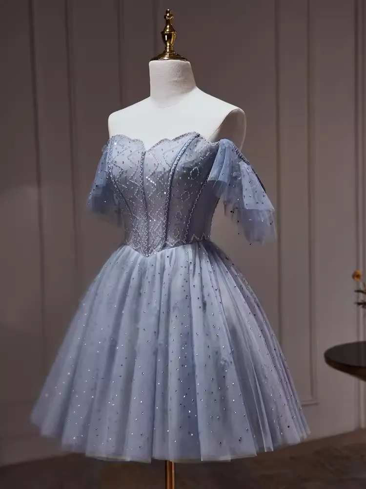 JazzHer Sexy A line Off The Shoulder Tulle Gray Blue Homecoming Dresses (PRE-ORDER)