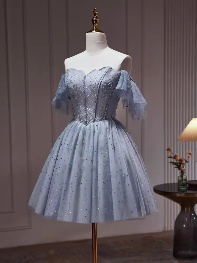 JazzHer Sexy A line Off The Shoulder Tulle Gray Blue Homecoming Dresses (PRE-ORDER)