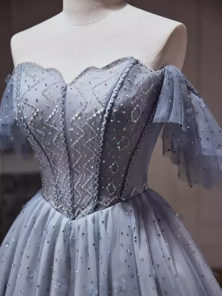 JazzHer Sexy A line Off The Shoulder Tulle Gray Blue Homecoming Dresses (PRE-ORDER)