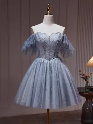 JazzHer Sexy A line Off The Shoulder Tulle Gray Blue Homecoming Dresses (PRE-ORDER)