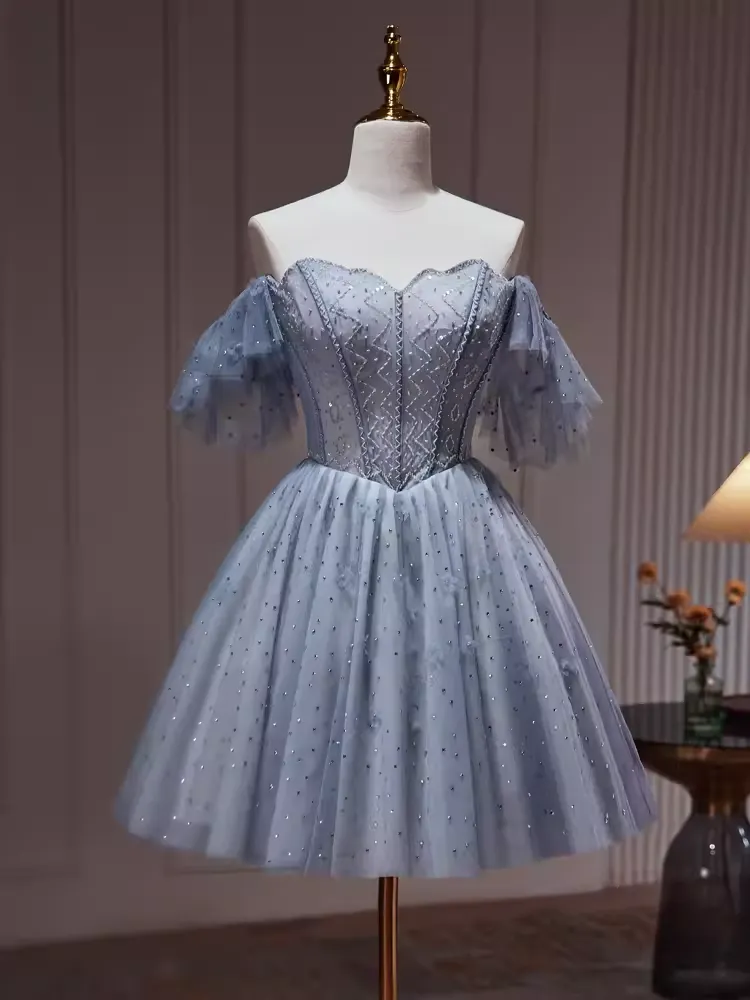JazzHer Sexy A line Off The Shoulder Tulle Gray Blue Homecoming Dresses (PRE-ORDER)