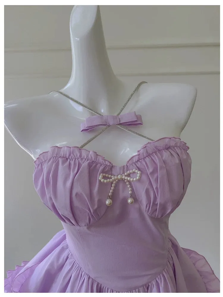 JazzHer Sexy Ball Gown Halter Lilac Chiffon Short Homecoming Dresses Birthday Outfits (PRE-ORDER)