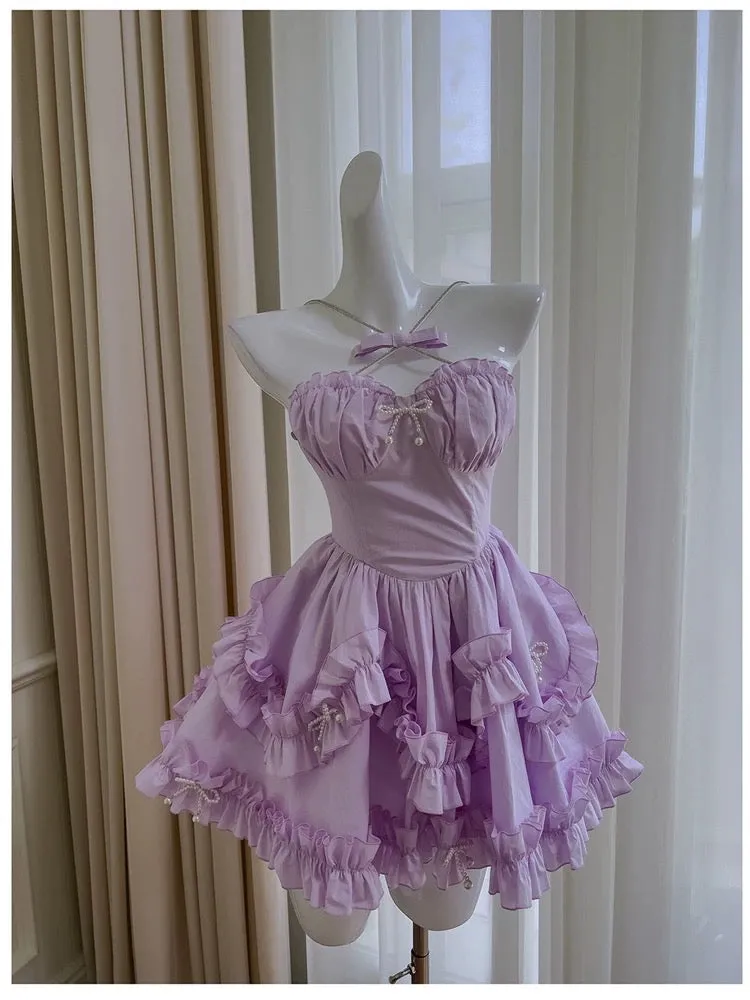 JazzHer Sexy Ball Gown Halter Lilac Chiffon Short Homecoming Dresses Birthday Outfits (PRE-ORDER)