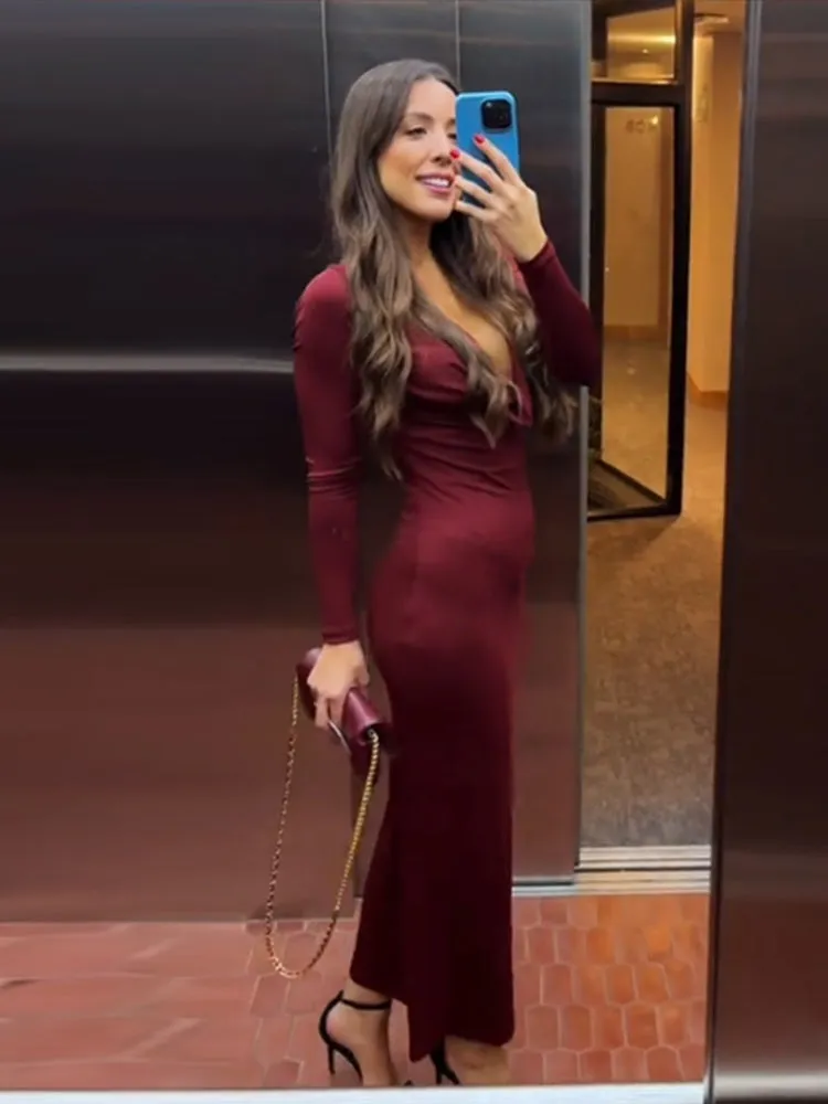 JazzHer Sexy Hang Neck Burgundy Long Party Dress Women Backless Full Sleeve Maxi Dresses 2025 Christmas Lady New Slim Hip Package Gowns