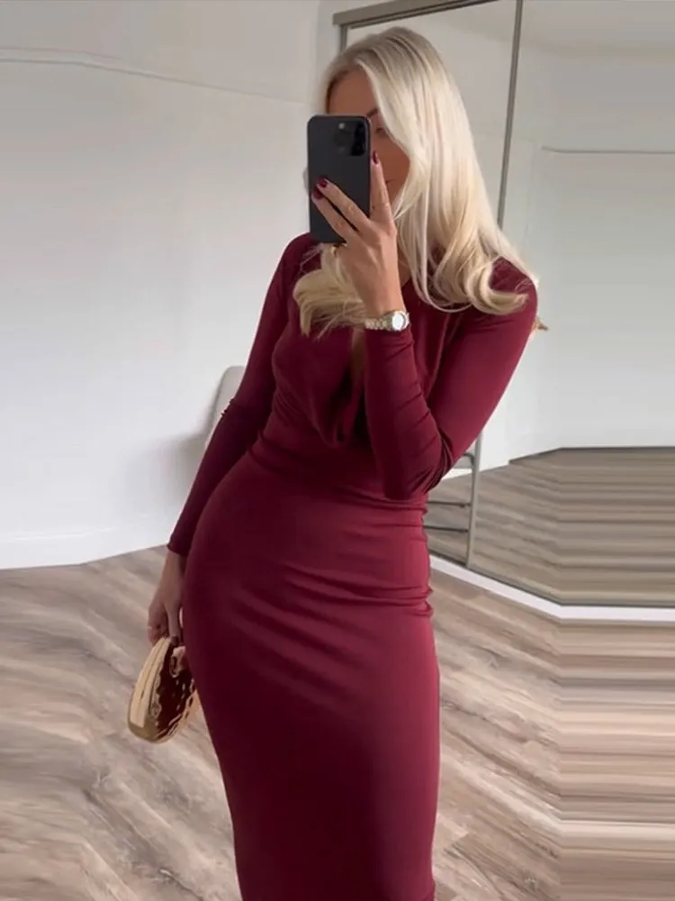 JazzHer Sexy Hang Neck Burgundy Long Party Dress Women Backless Full Sleeve Maxi Dresses 2025 Christmas Lady New Slim Hip Package Gowns