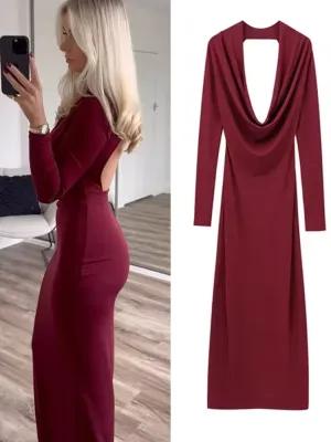 JazzHer Sexy Hang Neck Burgundy Long Party Dress Women Backless Full Sleeve Maxi Dresses 2025 Christmas Lady New Slim Hip Package Gowns