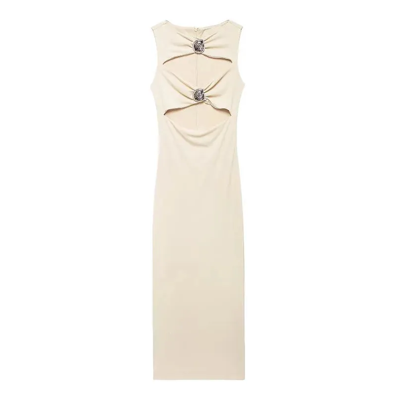 JazzHer Sexy Hollow Out Women Long Dress Metal Seashell Round Neck Sleeveless Gowns Slim Zipper Party Dresses 2025 Summer Lady Robes
