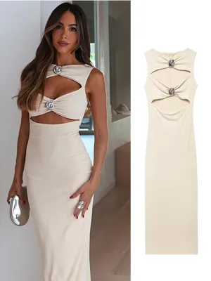 JazzHer Sexy Hollow Out Women Long Dress Metal Seashell Round Neck Sleeveless Gowns Slim Zipper Party Dresses 2025 Summer Lady Robes
