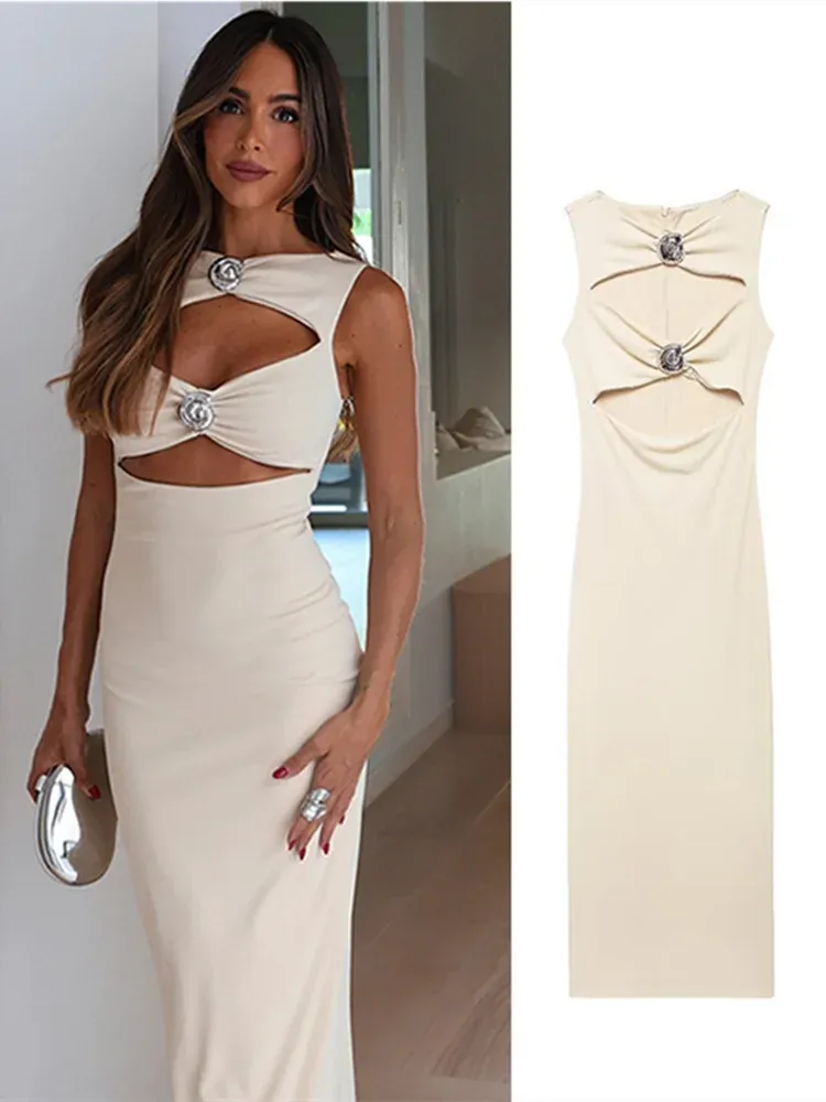 JazzHer Sexy Hollow Out Women Long Dress Metal Seashell Round Neck Sleeveless Gowns Slim Zipper Party Dresses 2025 Summer Lady Robes