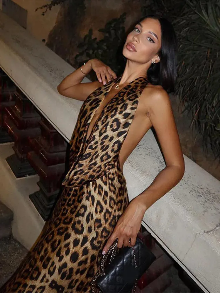 JazzHer Sexy Leopard Printed Halter V-neck Women's Long Dress Fashion Backless Sleeveless Evening Gowns Summer New Fashion Party Dresses