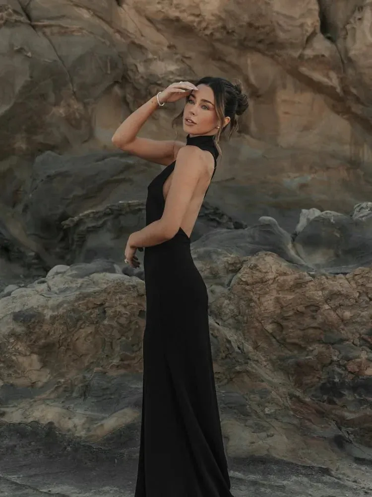 JazzHer Sexy Open Back Irregular Collar Women's Halter Dress Fashion Cut Out Slim Fit High Slit Maxi Dresses Summer Evening Party Gowns