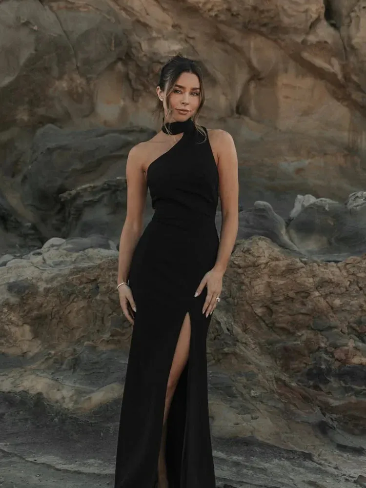 JazzHer Sexy Open Back Irregular Collar Women's Halter Dress Fashion Cut Out Slim Fit High Slit Maxi Dresses Summer Evening Party Gowns