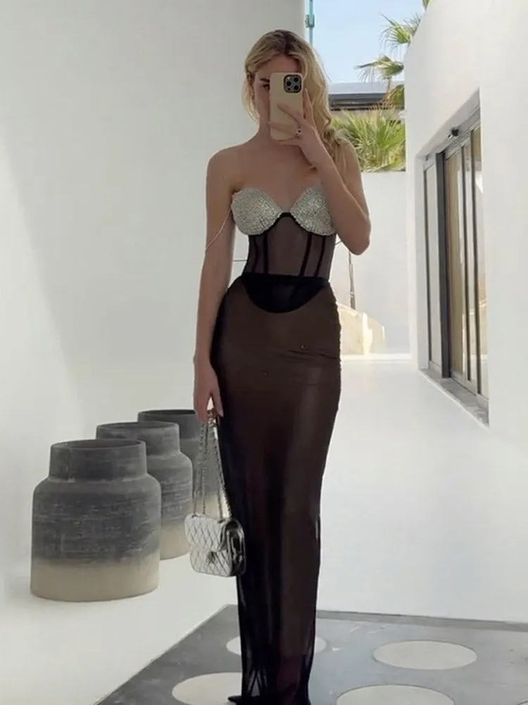 JazzHer Sexy Shinny Contrasting Slim Fit Dress Women Fashion Sleeveless Backless Bodycon Summer Dresses 2025 Woman Elegant Party Gowns