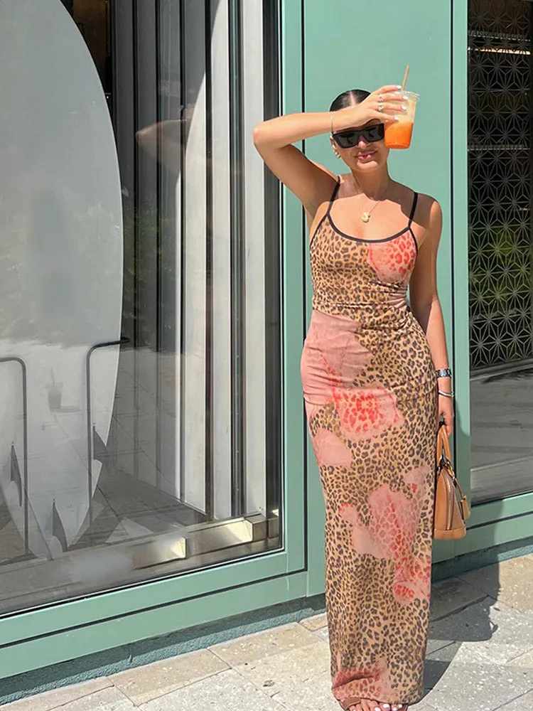 JazzHer Summer Lady Leopard Print Long Dress Women Elegant Slim Fit U Neck Sleeveless Maxi Dresses New Spring Female Party Robes Gowns