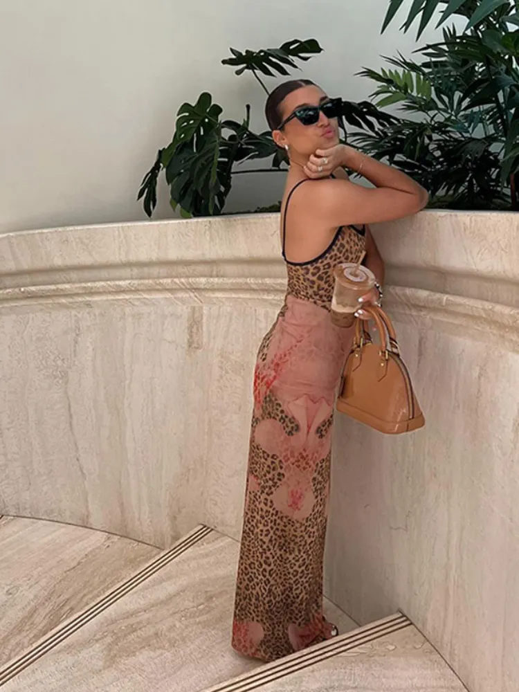 JazzHer Summer Lady Leopard Print Long Dress Women Elegant Slim Fit U Neck Sleeveless Maxi Dresses New Spring Female Party Robes Gowns