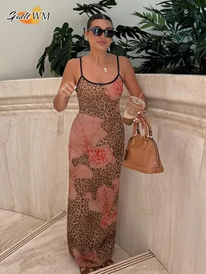 JazzHer Summer Lady Leopard Print Long Dress Women Elegant Slim Fit U Neck Sleeveless Maxi Dresses New Spring Female Party Robes Gowns