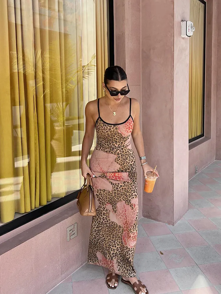 JazzHer Summer Lady Leopard Print Long Dress Women Elegant Slim Fit U Neck Sleeveless Maxi Dresses New Spring Female Party Robes Gowns