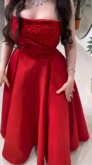 JazzHer Vintage Ball Gown Strapless Satin Prom Dresses Evening Gowns With Beads (PRE-ORDER)
