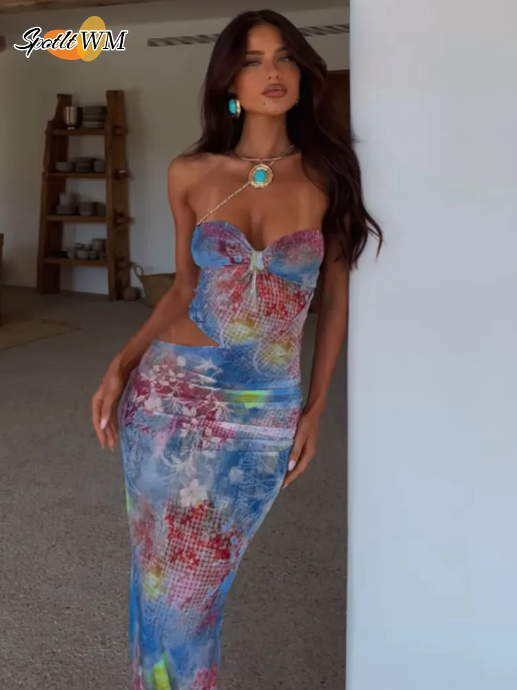 JazzHer Vintage Print Waist Cut Out Women's Dress Summer Off Shoulder Backless Strapless Bodycon Vestidos Lady Holiday Beach Party Gowns
