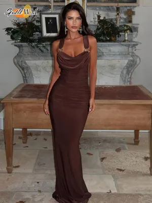JazzHer vintage solid color Metal ring women dresses fashion v neck halter long robes casual lady open back sleeveless summer gowns 2025