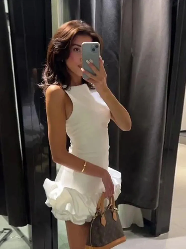 JazzHer White Pleated Puff Hem Shirt Dresses Women O Neck Sleeveless Slim Fit Mini Dress 2025 New Elegant Sexy Party Club Vestidos Gowns