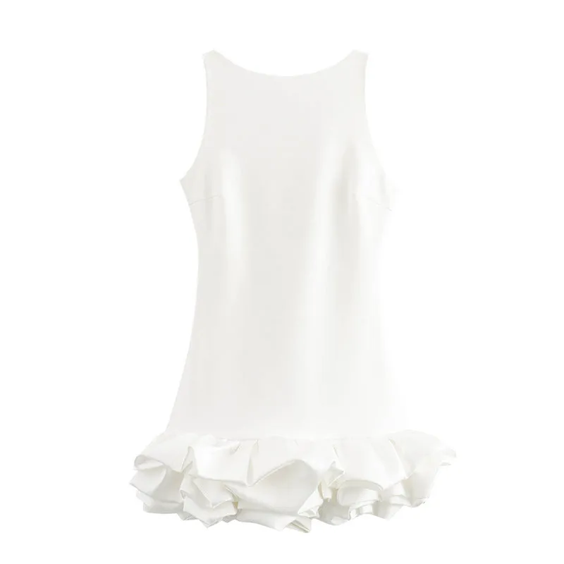 JazzHer White Pleated Puff Hem Shirt Dresses Women O Neck Sleeveless Slim Fit Mini Dress 2025 New Elegant Sexy Party Club Vestidos Gowns