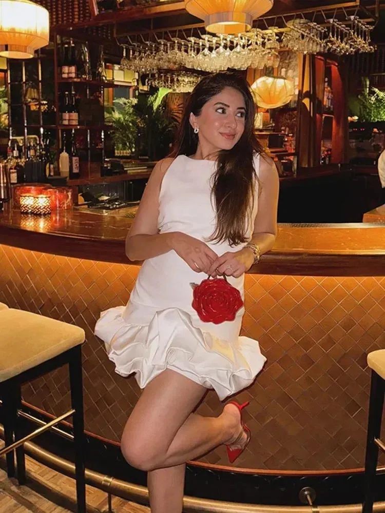 JazzHer White Pleated Puff Hem Shirt Dresses Women O Neck Sleeveless Slim Fit Mini Dress 2025 New Elegant Sexy Party Club Vestidos Gowns