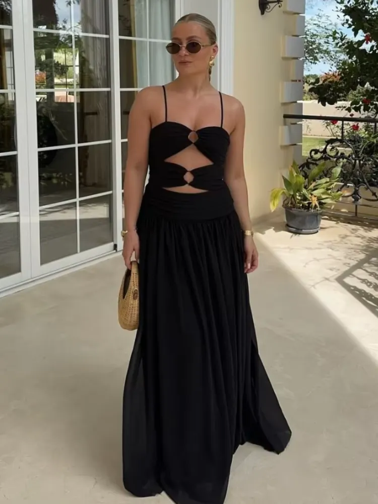 JazzHer Women Hollow Out Sling Dress Fashion Metal Ring Pleated Sleeveless A-line Maxi Dresses Summer Ladies Evening Party Gowns Robes