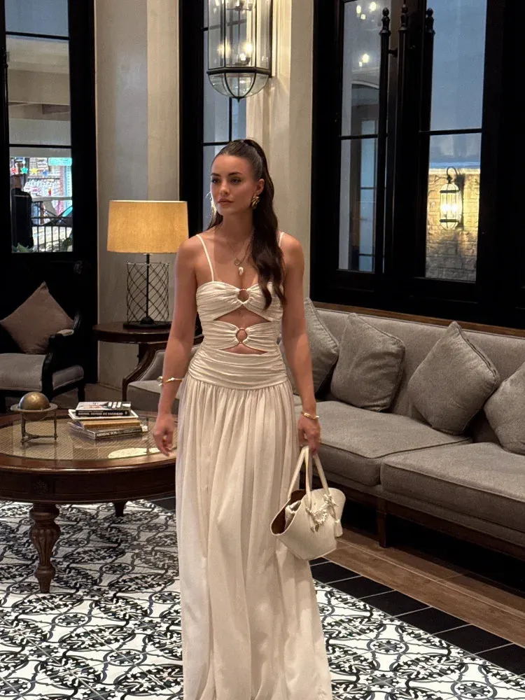 JazzHer Women Hollow Out Sling Dress Fashion Metal Ring Pleated Sleeveless A-line Maxi Dresses Summer Ladies Evening Party Gowns Robes