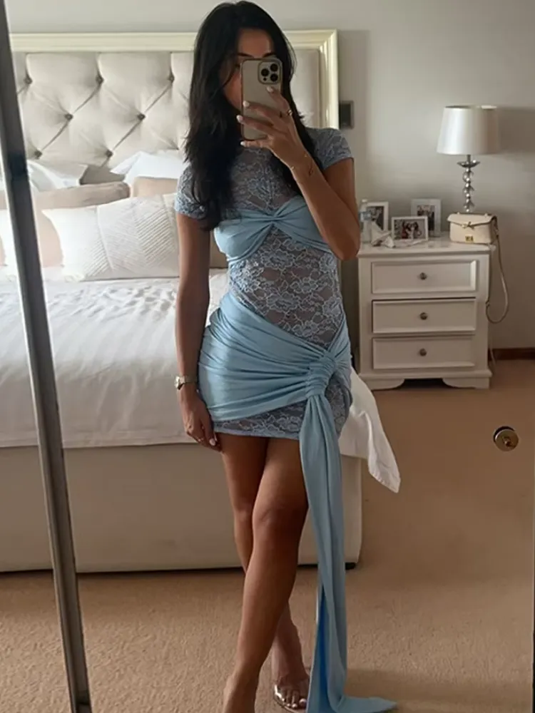 JazzHer Women Sexy See Through Lace Blue Vestidos Elegant O Neck Knot Pleated Short Dresses New Summer Female Evening Party Gowns Robes
