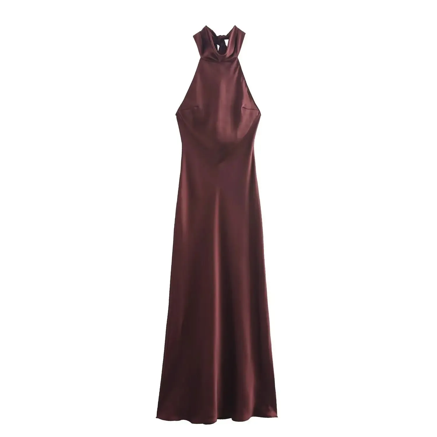 JazzHer Women's Sexy Satin Long Robes Round Neck Halter Lace Up Fashion Vestidos Summer Lady Sleeveless Open Back Maxi Gowns Party Dress