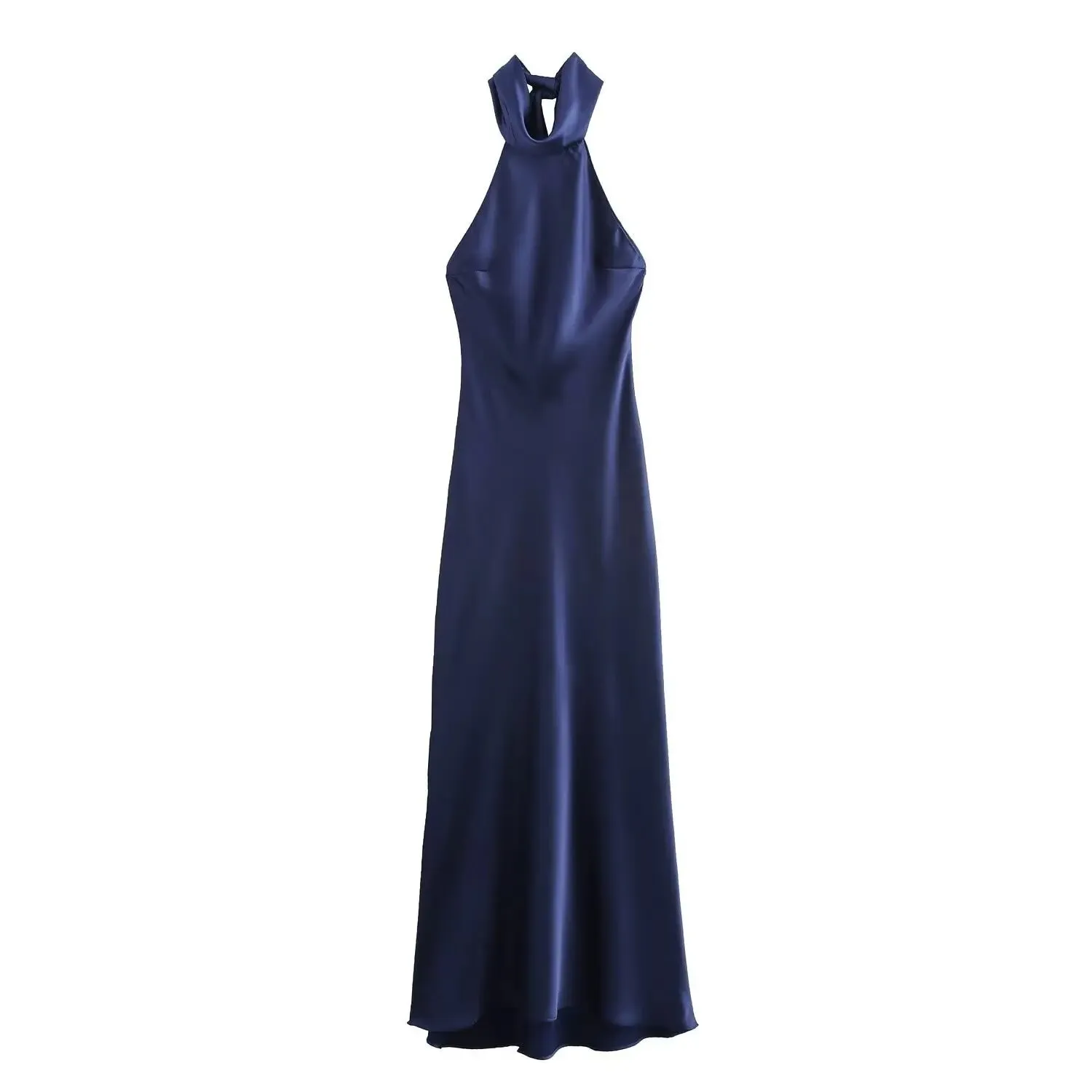 JazzHer Women's Sexy Satin Long Robes Round Neck Halter Lace Up Fashion Vestidos Summer Lady Sleeveless Open Back Maxi Gowns Party Dress