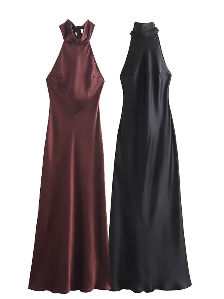 JazzHer Women's Sexy Satin Long Robes Round Neck Halter Lace Up Fashion Vestidos Summer Lady Sleeveless Open Back Maxi Gowns Party Dress