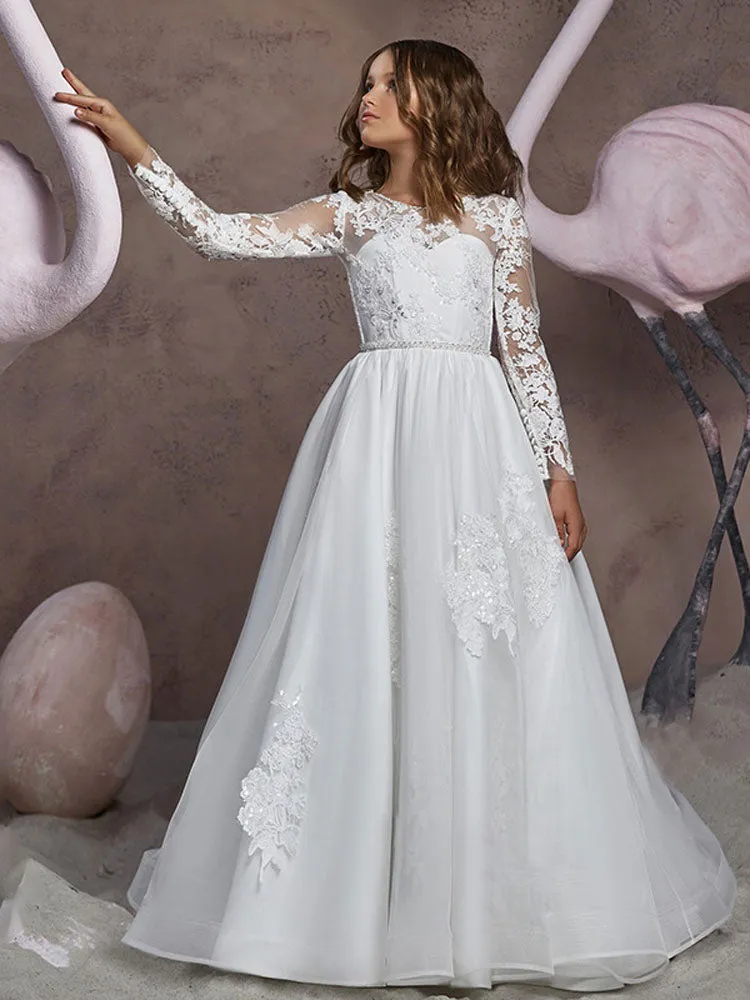 Jewel Neck Long Sleeves Embroidered Kids Party Dresses