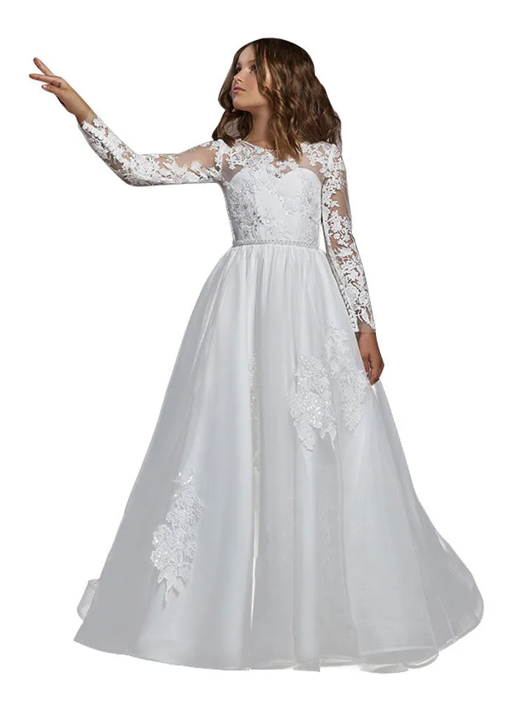 Jewel Neck Long Sleeves Embroidered Kids Party Dresses