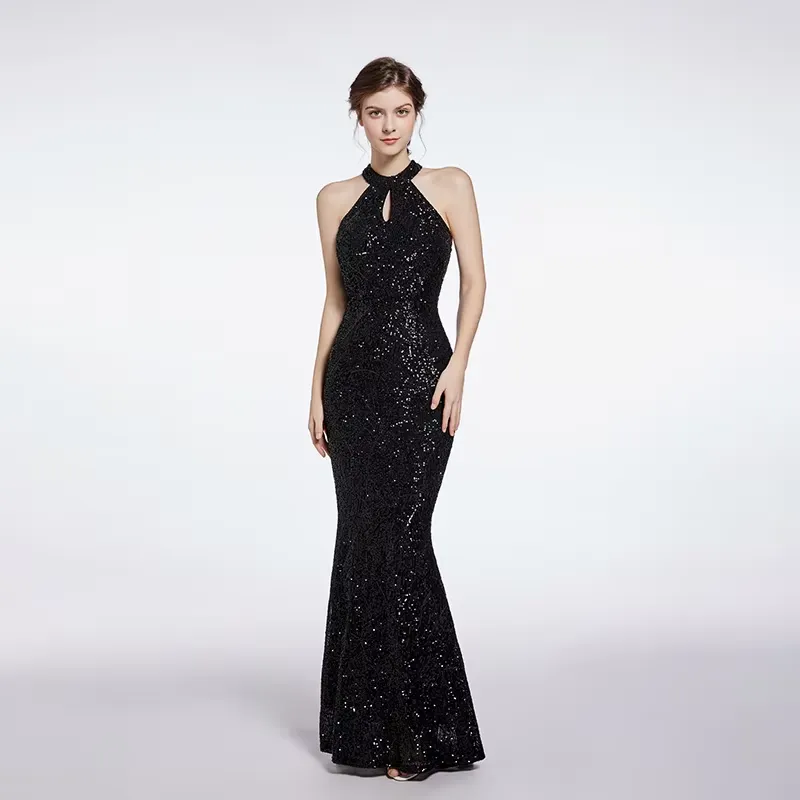 Jimena Black Halter Neck Sequined Evening Maxi Dress