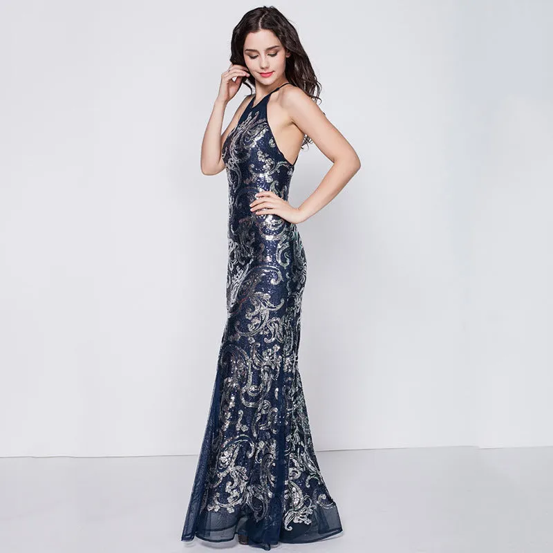 Jodie Backless Embroidered Sequin Maxi Dress