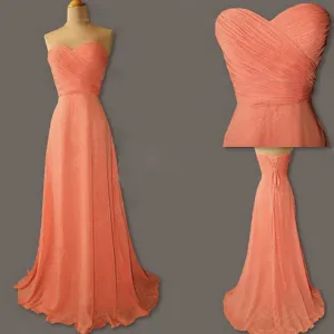 Junior Young Simple Sweet Heart Chiffon Formal Coral Lace Up Back Long Cheap Bridesmaid Dresses, WG186