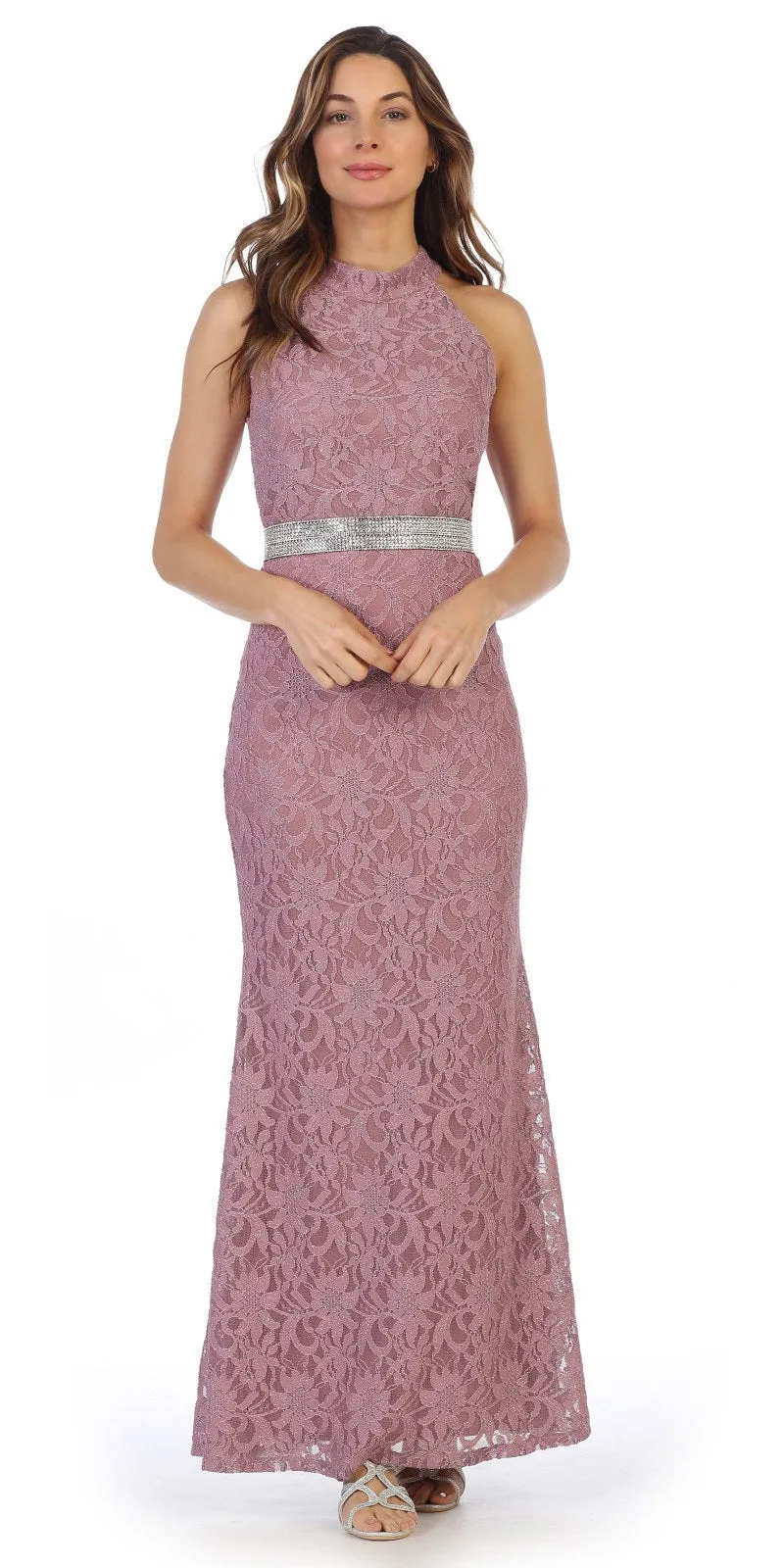 Juno 1039 Glitter Lace Halter Long Formal Dress