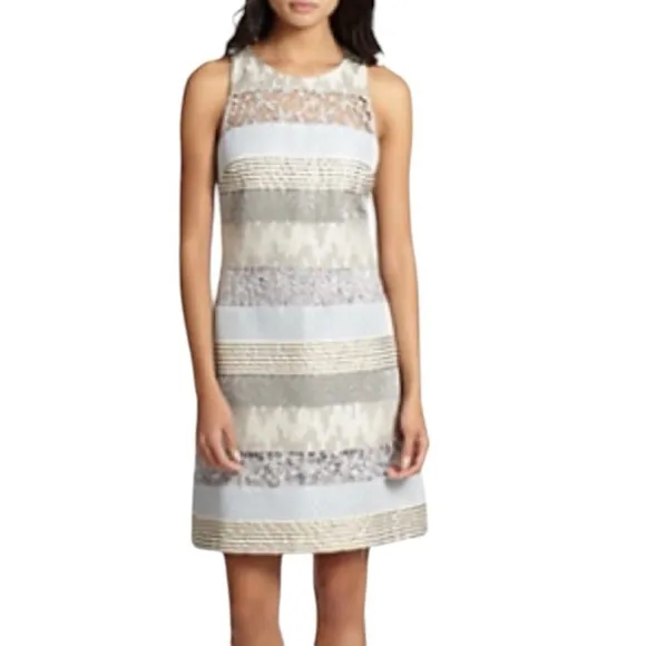 Kay Unger Jacquard &amp; Lace Striped Sheath Dress - Silver Metallic - Size 16
