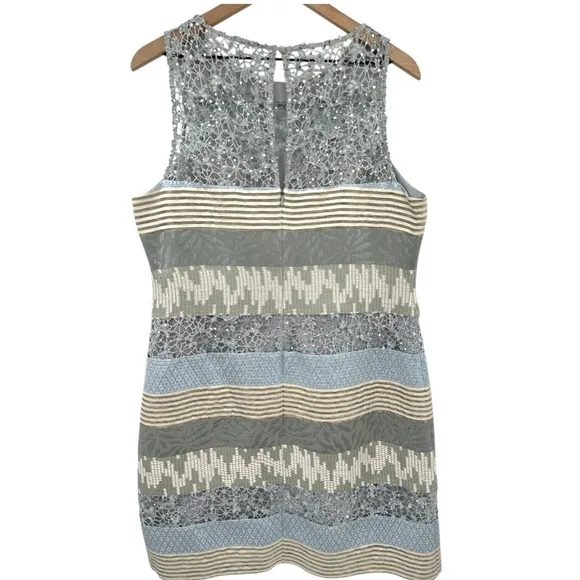 Kay Unger Jacquard &amp; Lace Striped Sheath Dress - Silver Metallic - Size 16