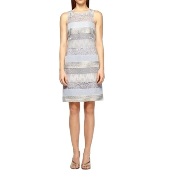 Kay Unger Jacquard &amp; Lace Striped Sheath Dress - Silver Metallic - Size 16