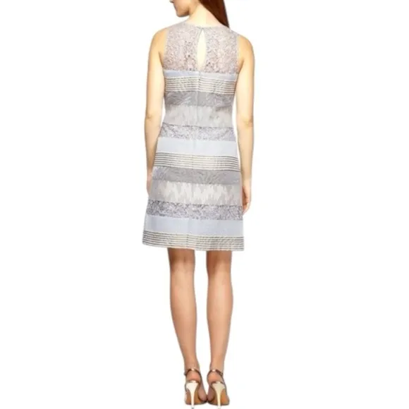 Kay Unger Jacquard &amp; Lace Striped Sheath Dress - Silver Metallic - Size 16