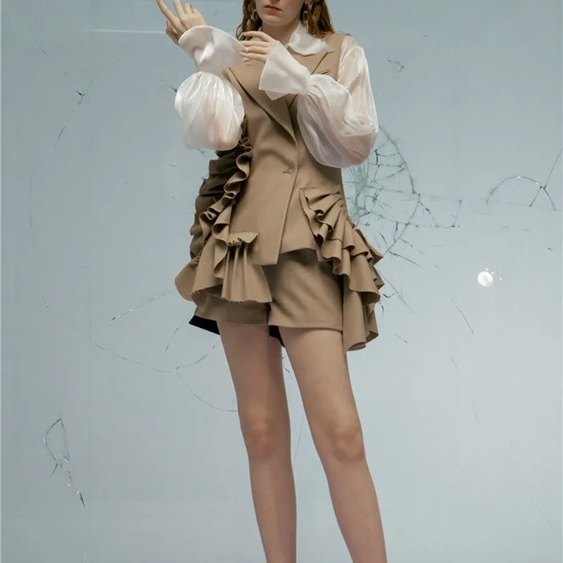 khaki Suit For Women Patchwork Ruffle Ruched Sleeveless