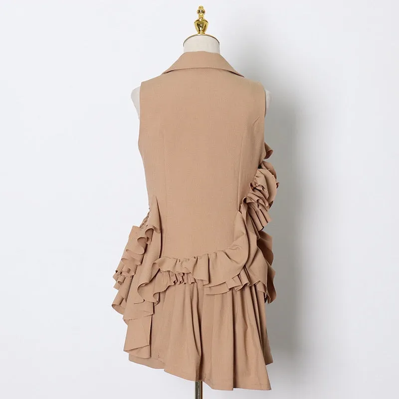 khaki Suit For Women Patchwork Ruffle Ruched Sleeveless