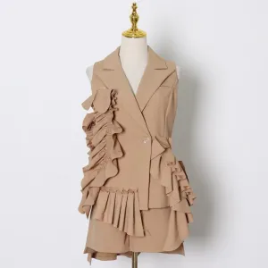 khaki Suit For Women Patchwork Ruffle Ruched Sleeveless